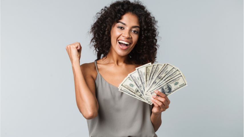 happy woman with cash